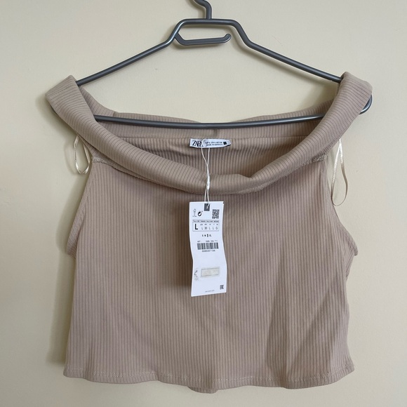NWT Zara Off Shoulder Tan Ribbed Top Women  Size L US - Picture 5 of 7